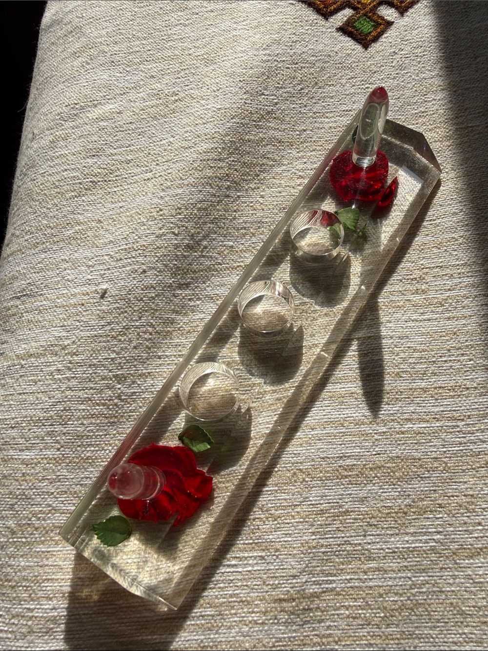 Vintage 70’s Clear plastic Flower ring holder Holder Tray with Red Rose Accents